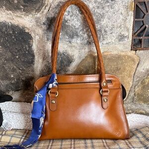 Patricia Nash Tan Leather Shoulder Bag with Blue Scarf Accent